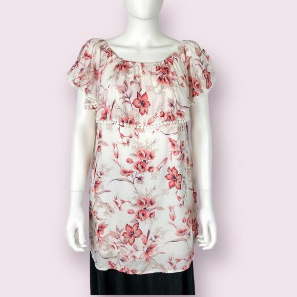 Cotton Candy NWT Blouse Pink & Cream Floral Off the Shoulder Tunic Top - Picture 1 of 7